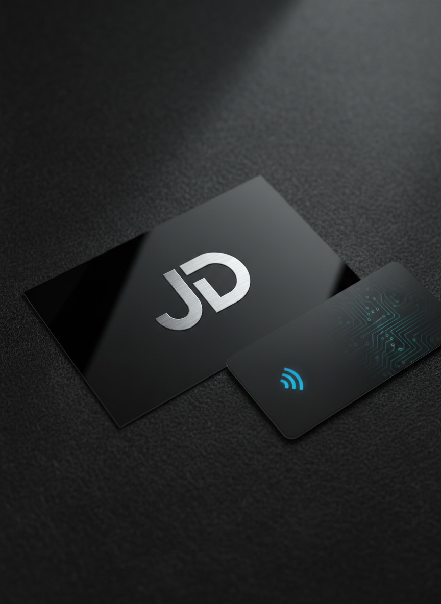 A close-up of a glossy, jet-black business card with an embossed JaTiDigital logo in metallic silver, resting on a dark charcoal felt surface. Next to it lies a slim NFC digital contact card with a glowing contactless icon and a faint circuit pattern beneath the surface, suggesting a blend of traditional branding and cutting-edge digital connectivity. A narrow beam of cool, directional light from the upper left creates crisp highlights on the metallic logo and subtle shadows in the felt’s texture. Photographic realism, with a shallow depth of field and tight framing, produces a bold, premium, and highly professional atmosphere that reinforces JaTiDigital’s sophisticated brand identity.