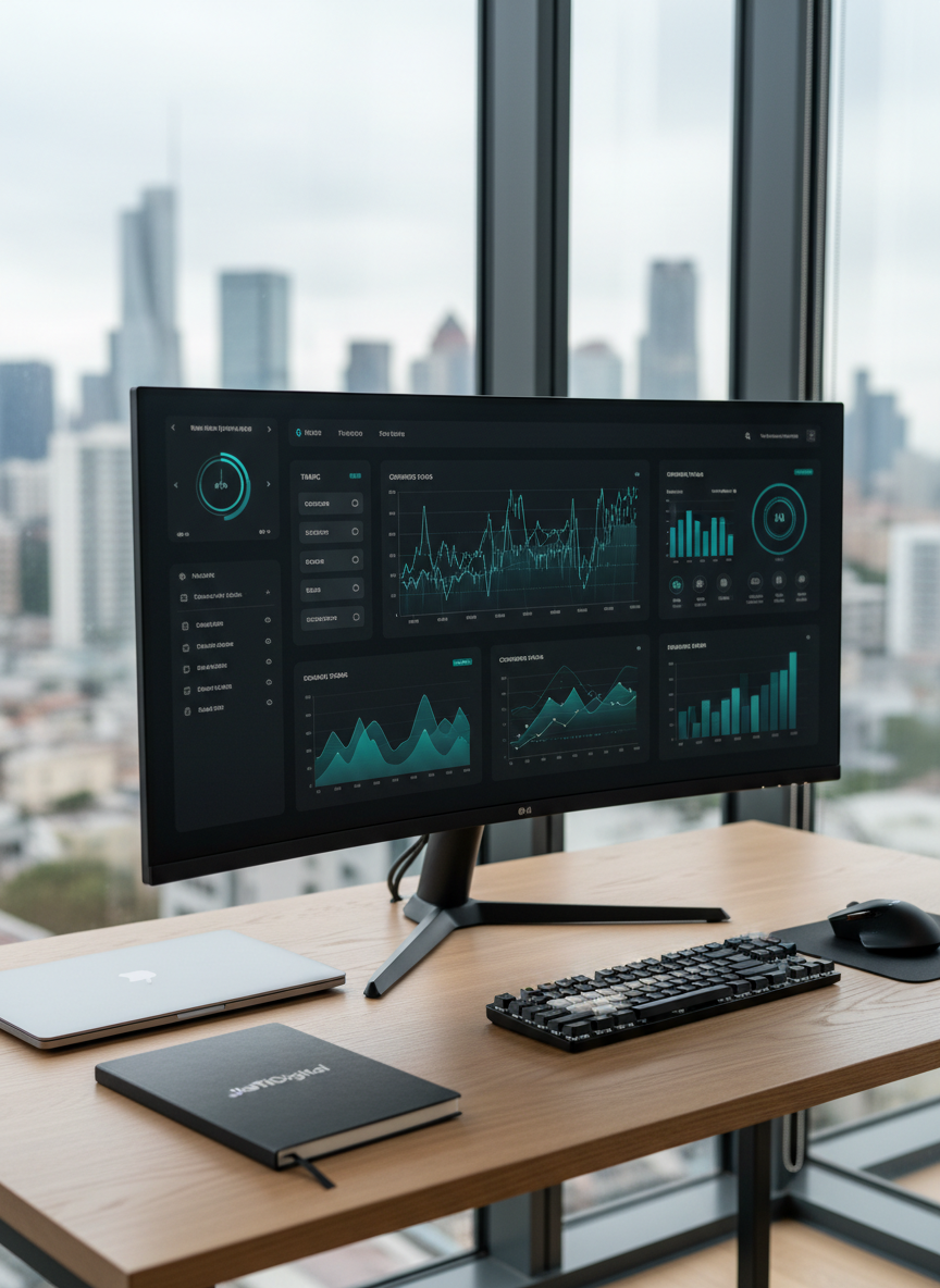 A sleek, ultra-modern workspace centered around a large, matte-black monitor displaying clean digital marketing analytics dashboards in vivid blues and teals. The screen sits on a pale oak desk with a subtle grain, beside a closed silver laptop and a neatly aligned notebook with a minimalist JaTiDigital logo. In the background, a blurred city skyline is visible through a floor-to-ceiling window. Soft, diffused daylight pours in, creating gentle reflections on the monitor and desk surface. Photographic realism, shot at eye level with a shallow depth of field, produces a crisp, professional atmosphere that feels focused, strategic, and technologically advanced, perfectly representing a digital marketing command center.